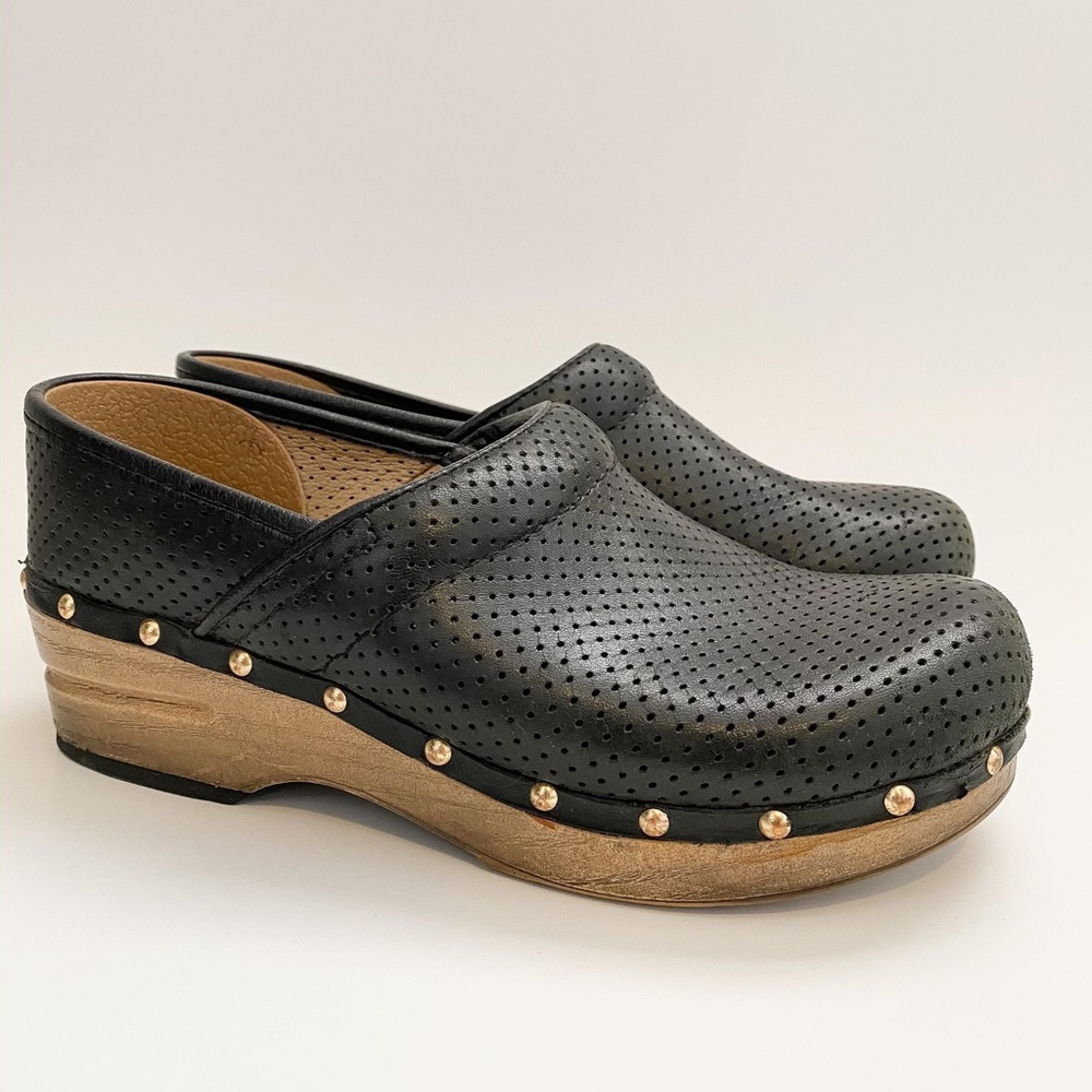 Dansko Perforated Black Leather Clogs Size 37